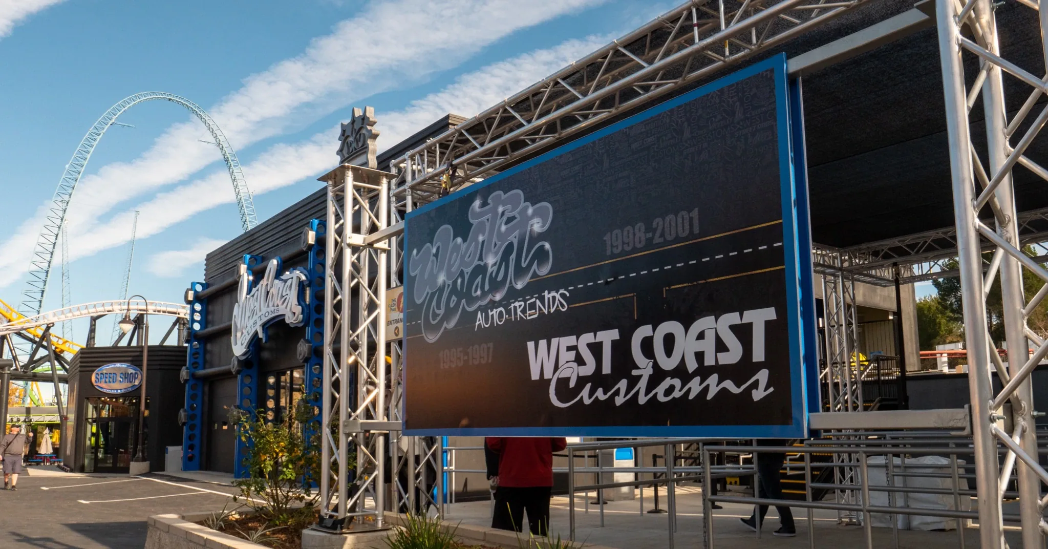 West Coast Customs signs and entrance at West Coast Racers, Six Flags Magic Mountain